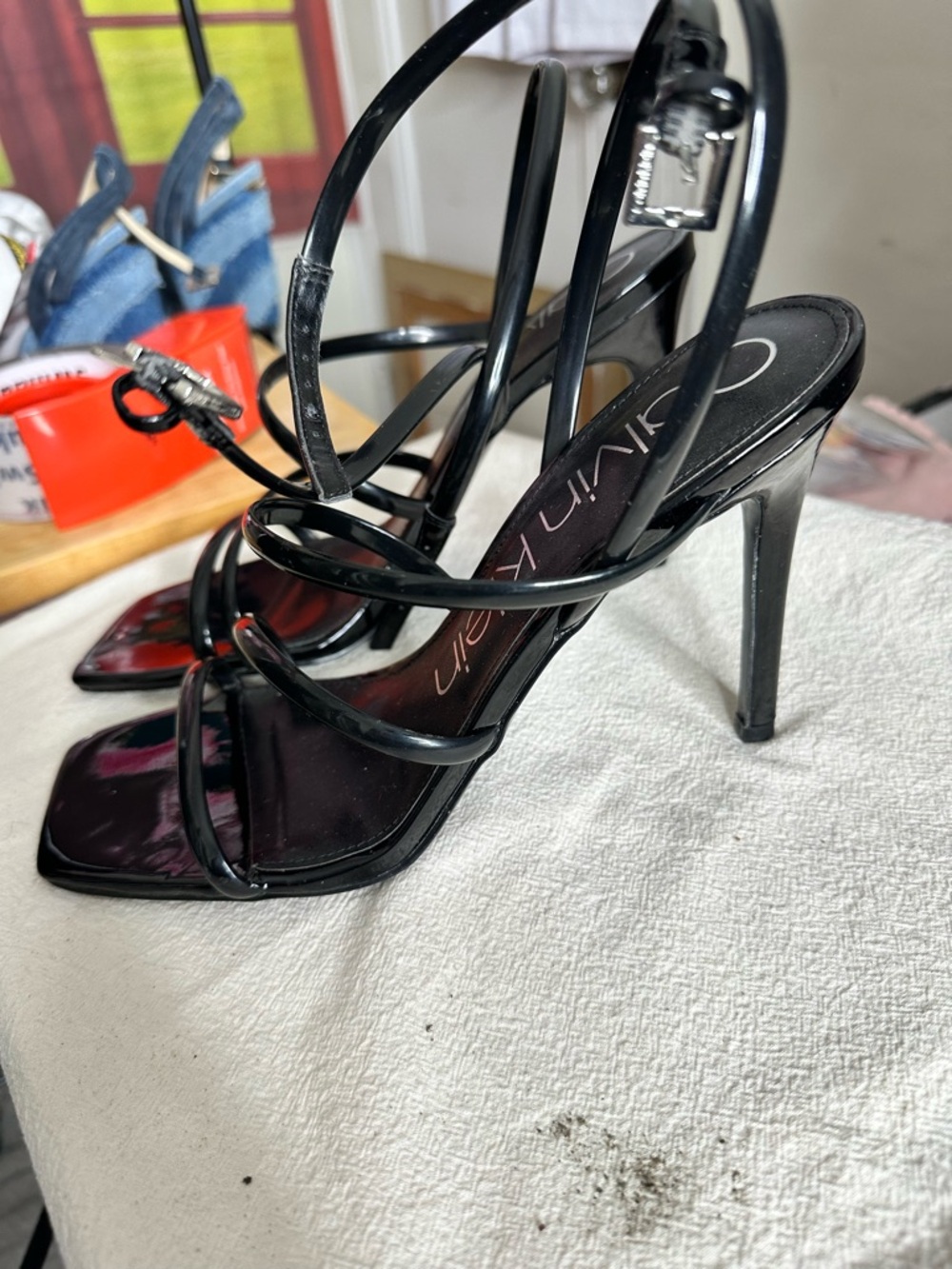 Calvin Klein Black Patent Strappy Stiletto Heels